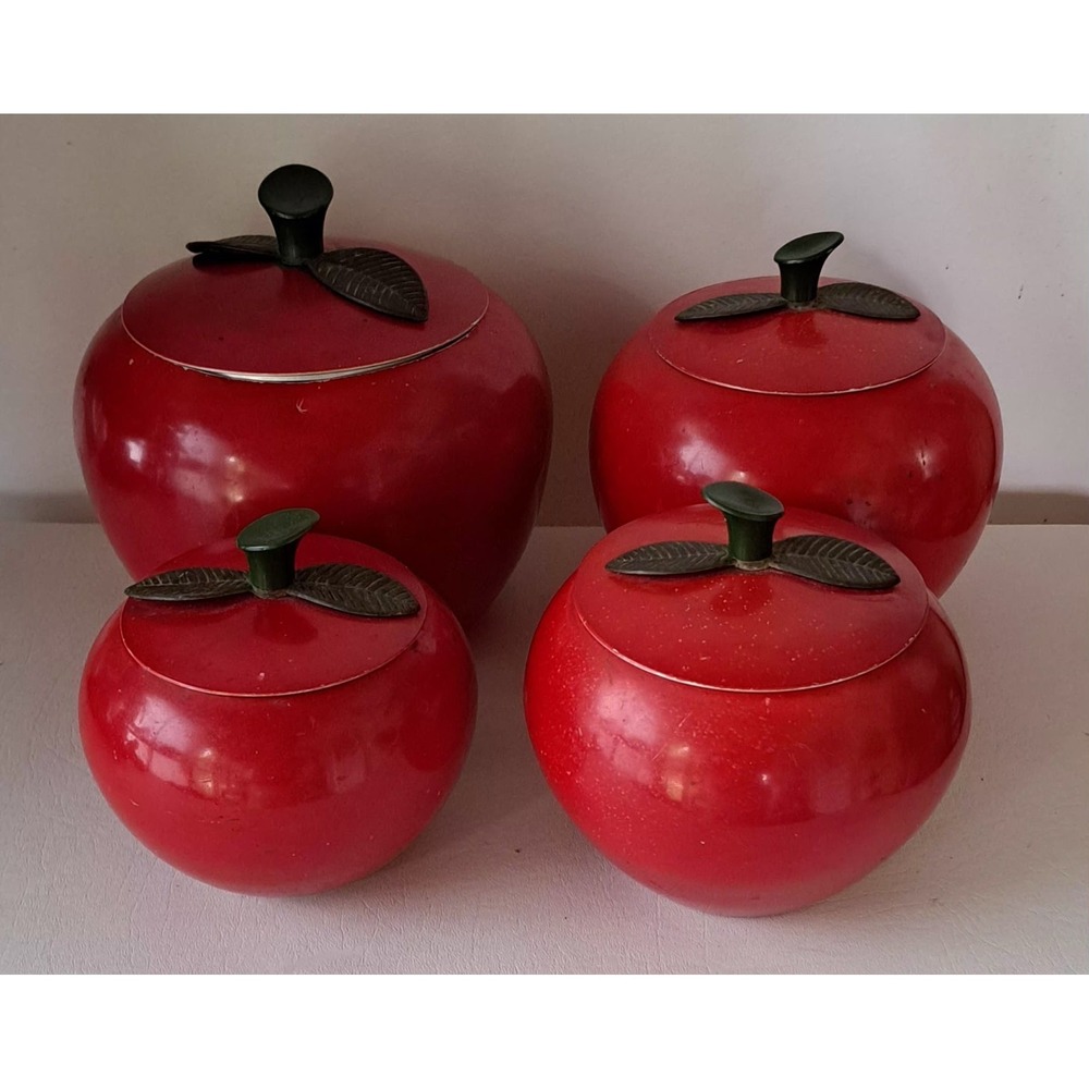 Vtg Red Apple 4-Pc Aluminum Metal Cannister Set MCM Kitchen - Picture 9 of 10